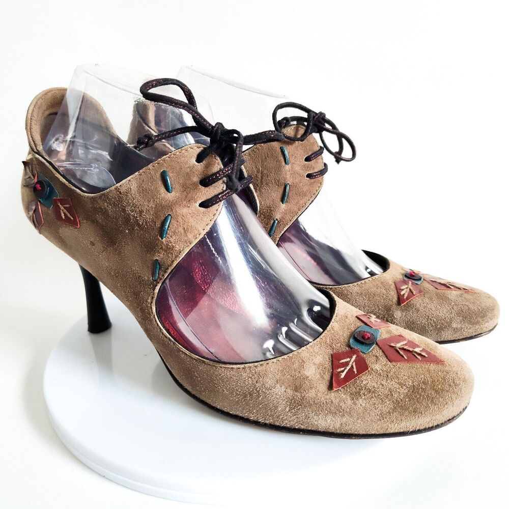 Kurt Geiger Heels Size 8 Lace Up Mary Janes Brown Suede Retro Whimsical Fairy